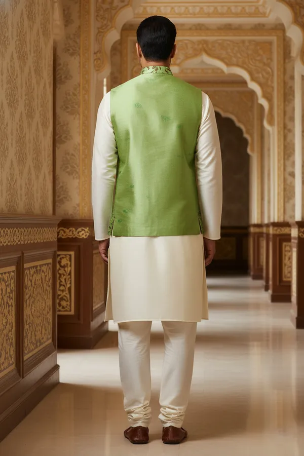 Emerald_Green_Premium_Pattern_Poly_Silk_Nehru_Jacket_Kurta_Pajama_Set_For_Men