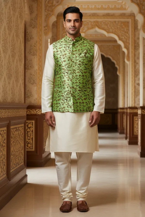 Emerald_Green_Premium_Pattern_Poly_Silk_Nehru_Jacket_Kurta_Pajama_Set_For_Men