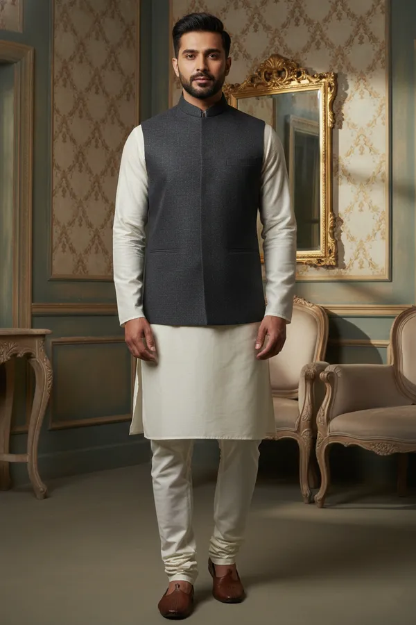 Charcoal_Premium_Pattern_Poly_Silk_Nehru_Jacket_Kurta_Pajama_Set_For_Men