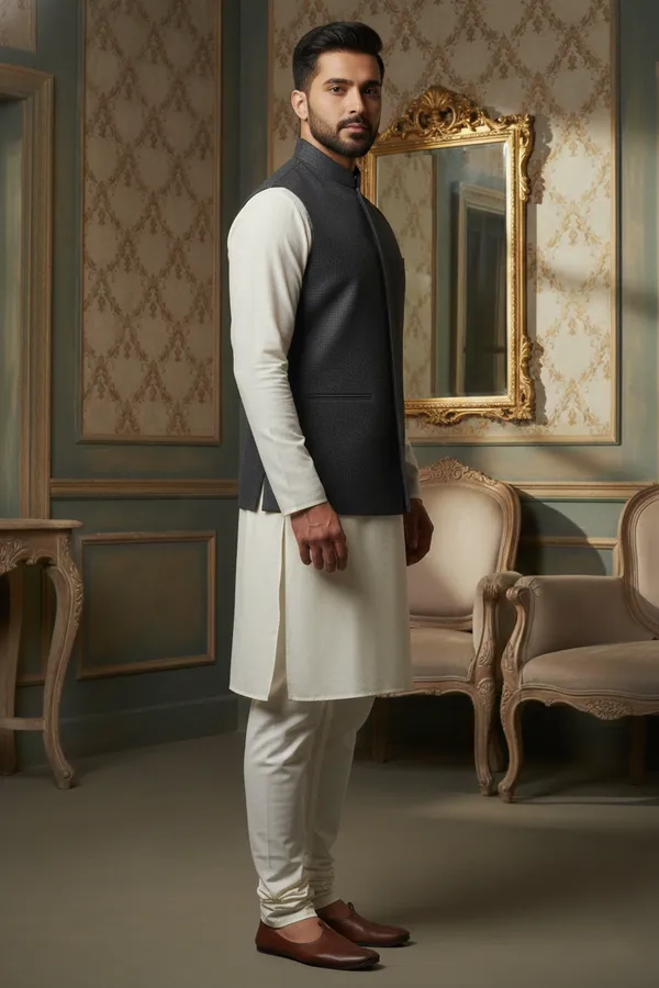 Charcoal_Premium_Pattern_Poly_Silk_Nehru_Jacket_Kurta_Pajama_Set_For_Men
