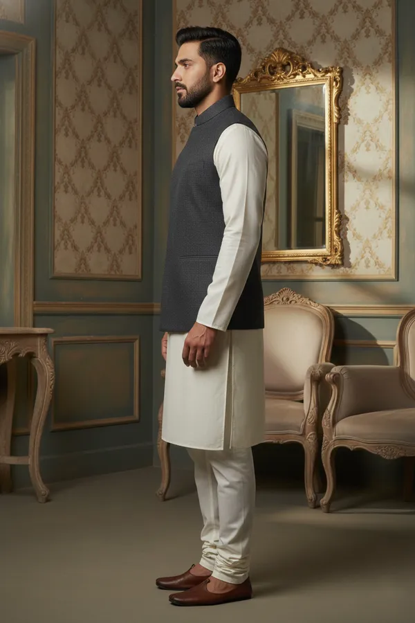 Charcoal_Premium_Pattern_Poly_Silk_Nehru_Jacket_Kurta_Pajama_Set_For_Men