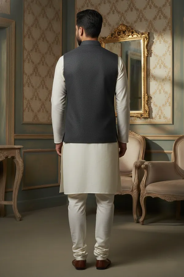 Charcoal_Premium_Pattern_Poly_Silk_Nehru_Jacket_Kurta_Pajama_Set_For_Men