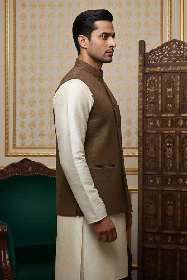 Mocha_Brown_Premium_Pattern_Silk_Blend_Nehru_Jacket_Kurta_Pajama_Set_For_Men