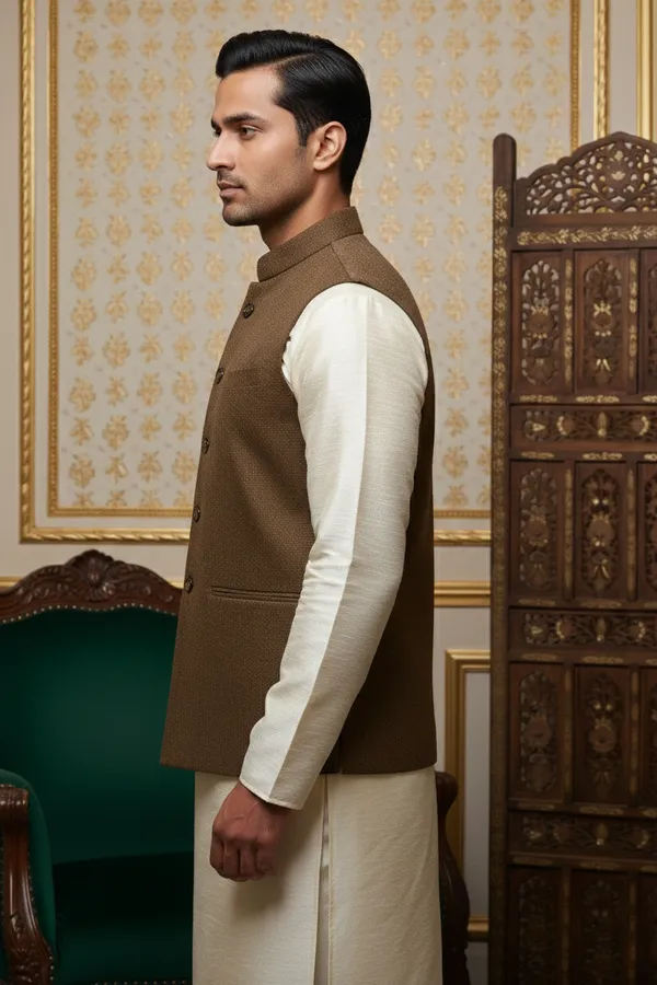 Mocha_Brown_Premium_Pattern_Silk_Blend_Nehru_Jacket_Kurta_Pajama_Set_For_Men