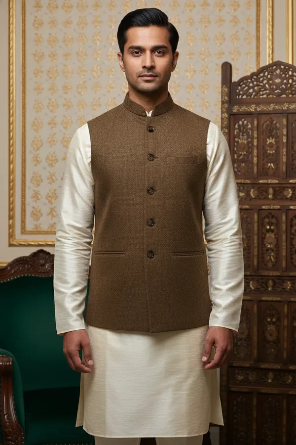 Mocha_Brown_Premium_Pattern_Silk_Blend_Nehru_Jacket_Kurta_Pajama_Set_For_Men