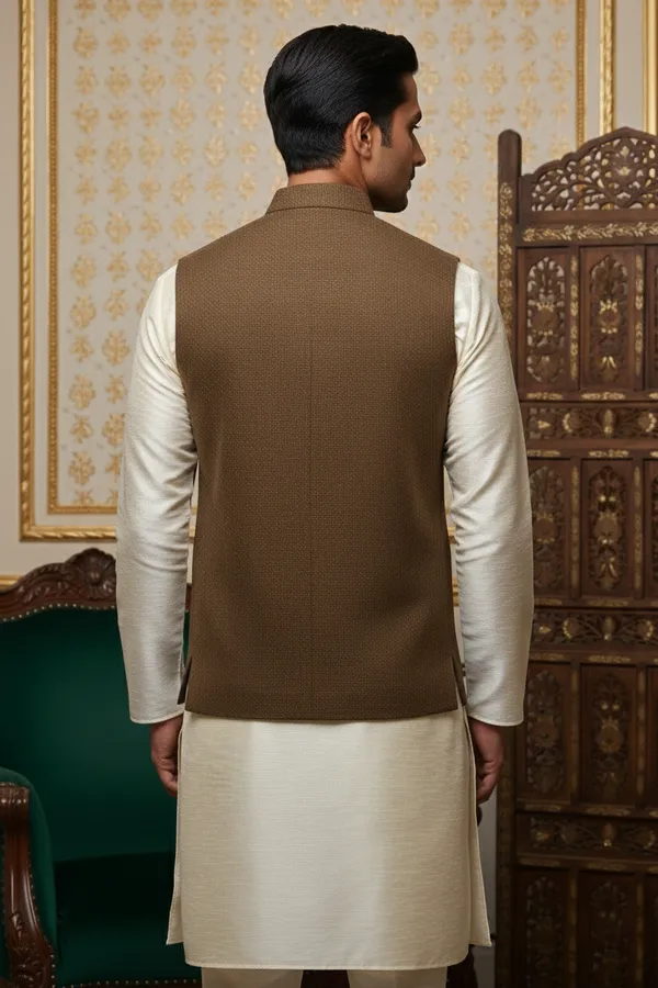 Mocha_Brown_Premium_Pattern_Silk_Blend_Nehru_Jacket_Kurta_Pajama_Set_For_Men