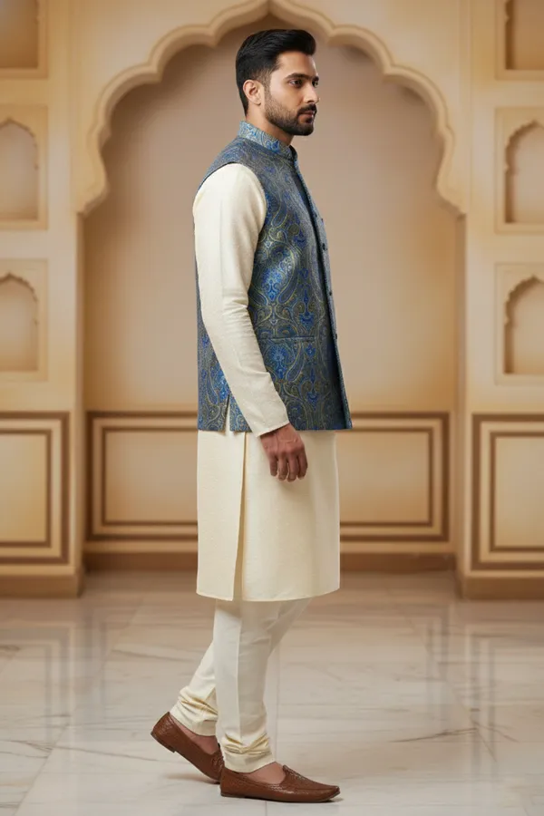 Blue_And_Green_Premium_Pattern_Poly_Silk_Nehru_Jacket_Kurta_Pajama_Set_For_Men