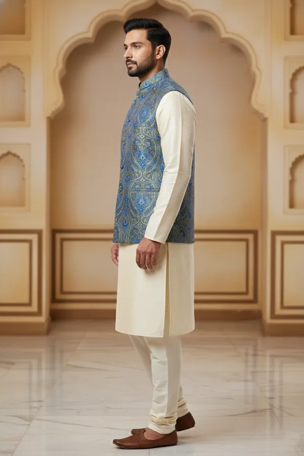 Blue_And_Green_Premium_Pattern_Poly_Silk_Nehru_Jacket_Kurta_Pajama_Set_For_Men
