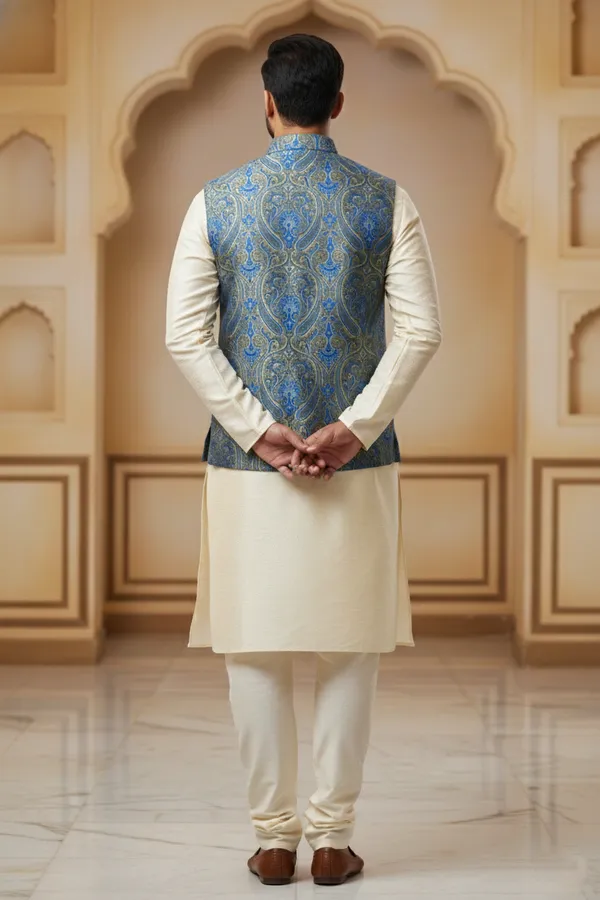Blue_And_Green_Premium_Pattern_Poly_Silk_Nehru_Jacket_Kurta_Pajama_Set_For_Men