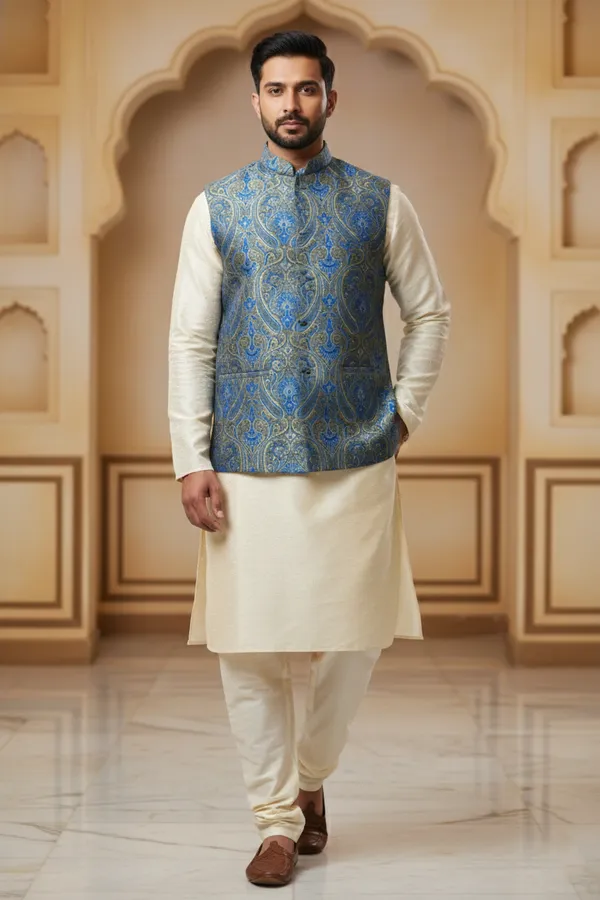 Blue_And_Green_Premium_Pattern_Poly_Silk_Nehru_Jacket_Kurta_Pajama_Set_For_Men