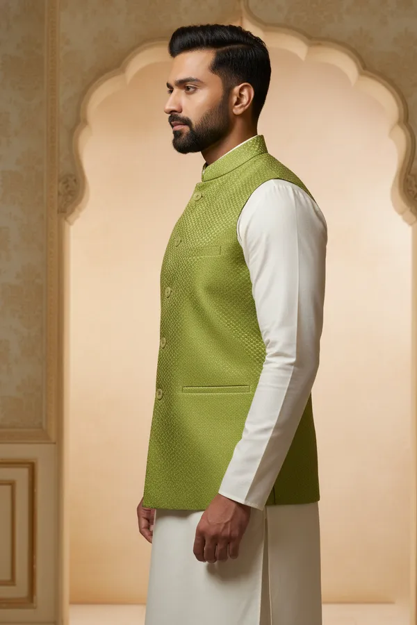 Dark_Green_Premium_Pattern_Poly_Silk_Nehru_Jacket_Kurta_Pajama_Set_For_Men