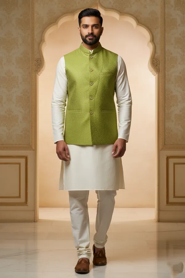 Dark_Green_Premium_Pattern_Poly_Silk_Nehru_Jacket_Kurta_Pajama_Set_For_Men