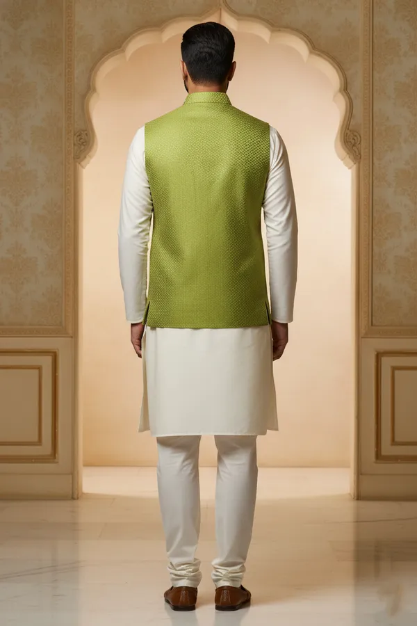 Dark_Green_Premium_Pattern_Poly_Silk_Nehru_Jacket_Kurta_Pajama_Set_For_Men