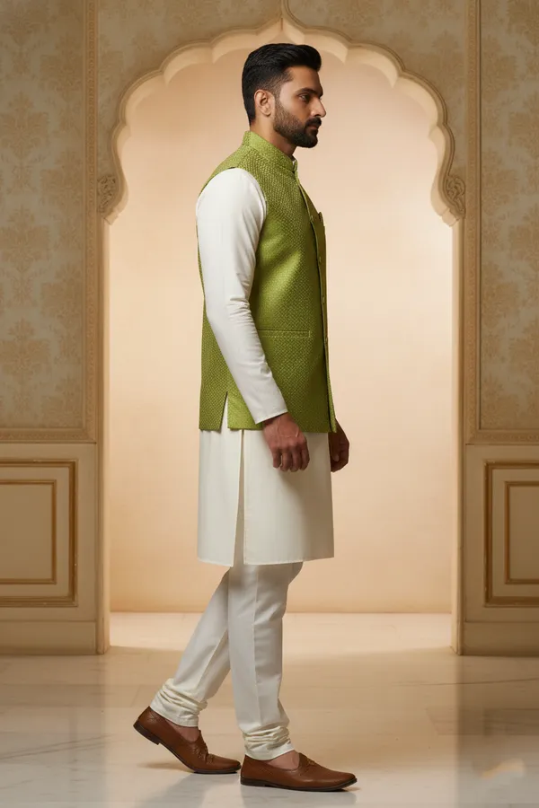 Dark_Green_Premium_Pattern_Poly_Silk_Nehru_Jacket_Kurta_Pajama_Set_For_Men