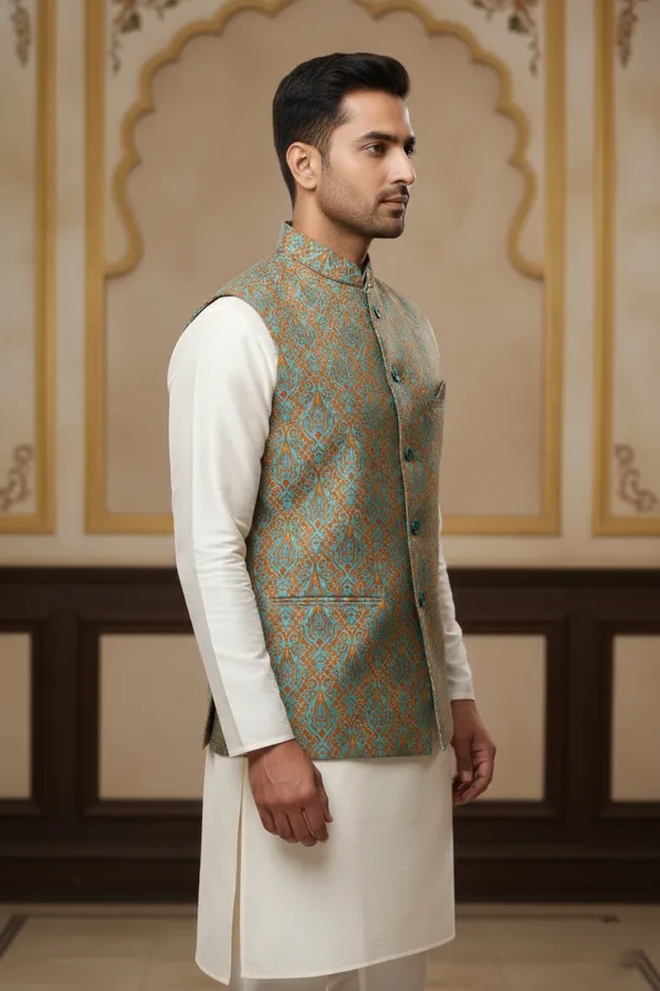 Teal_Premium_Pattern_Poly_Silk_Nehru_Jacket_Kurta_Pajama_Set_For_Men
