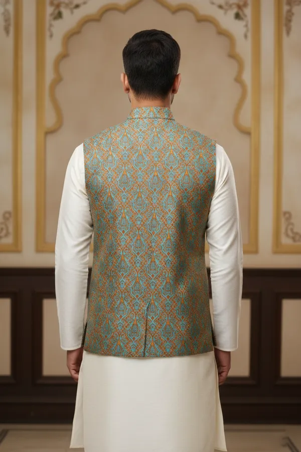 Teal_Premium_Pattern_Poly_Silk_Nehru_Jacket_Kurta_Pajama_Set_For_Men