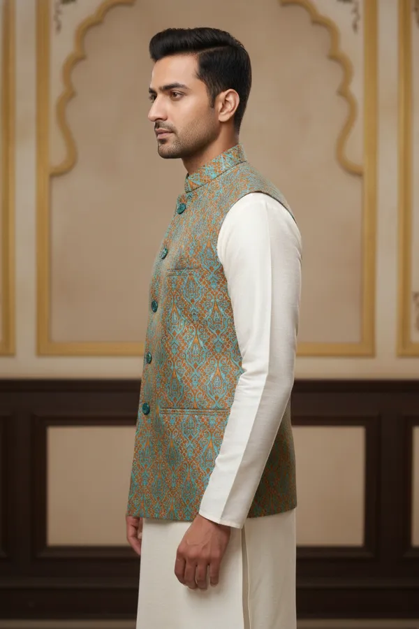 Teal_Premium_Pattern_Poly_Silk_Nehru_Jacket_Kurta_Pajama_Set_For_Men