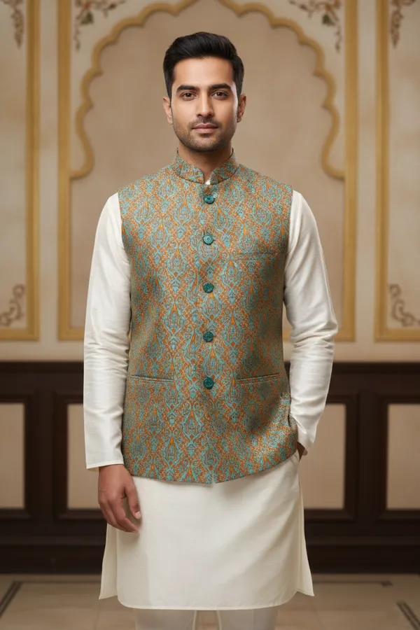 Teal_Premium_Pattern_Poly_Silk_Nehru_Jacket_Kurta_Pajama_Set_For_Men