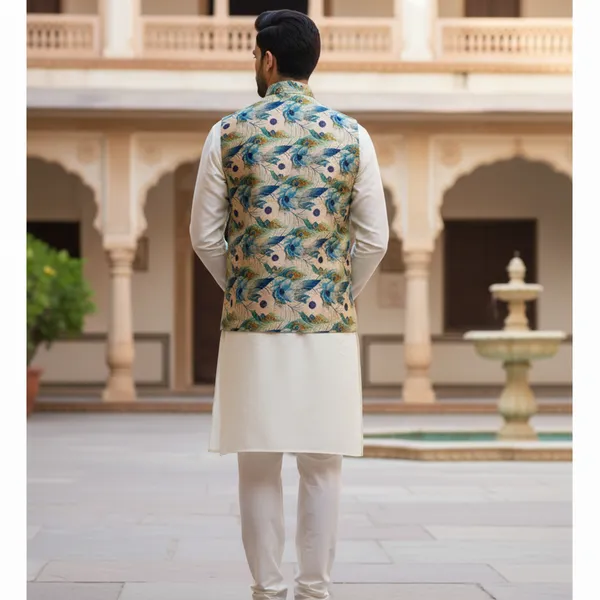Teal_Premium_Pattern_Poly_Silk_Nehru_Jacket_Kurta_Pajama_Set_For_Men