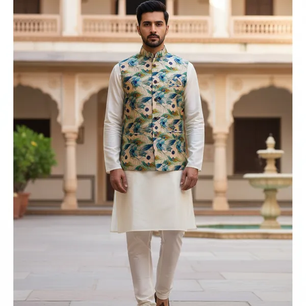Teal_Premium_Pattern_Poly_Silk_Nehru_Jacket_Kurta_Pajama_Set_For_Men