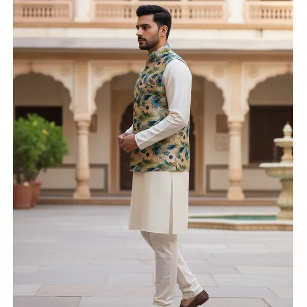 Teal_Premium_Pattern_Poly_Silk_Nehru_Jacket_Kurta_Pajama_Set_For_Men