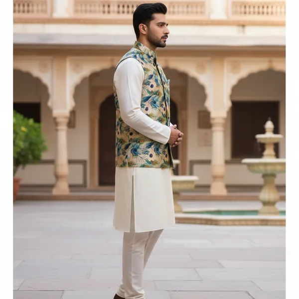 Teal_Premium_Pattern_Poly_Silk_Nehru_Jacket_Kurta_Pajama_Set_For_Men