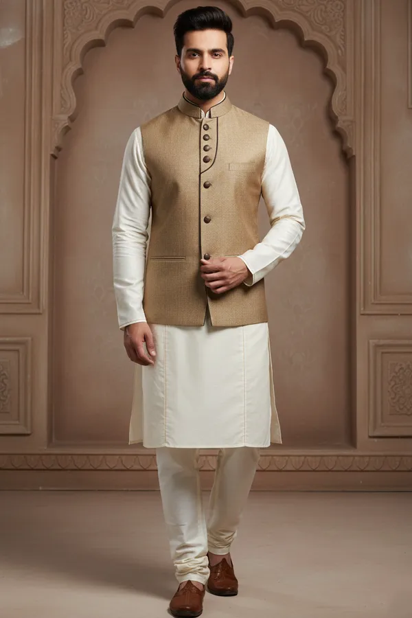 Beige_Gold_Premium_Pattern_Poly_Silk_Nehru_Jacket_Kurta_Pajama_Set_For_Men