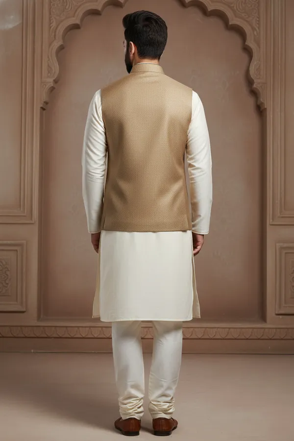 Beige_Gold_Premium_Pattern_Poly_Silk_Nehru_Jacket_Kurta_Pajama_Set_For_Men
