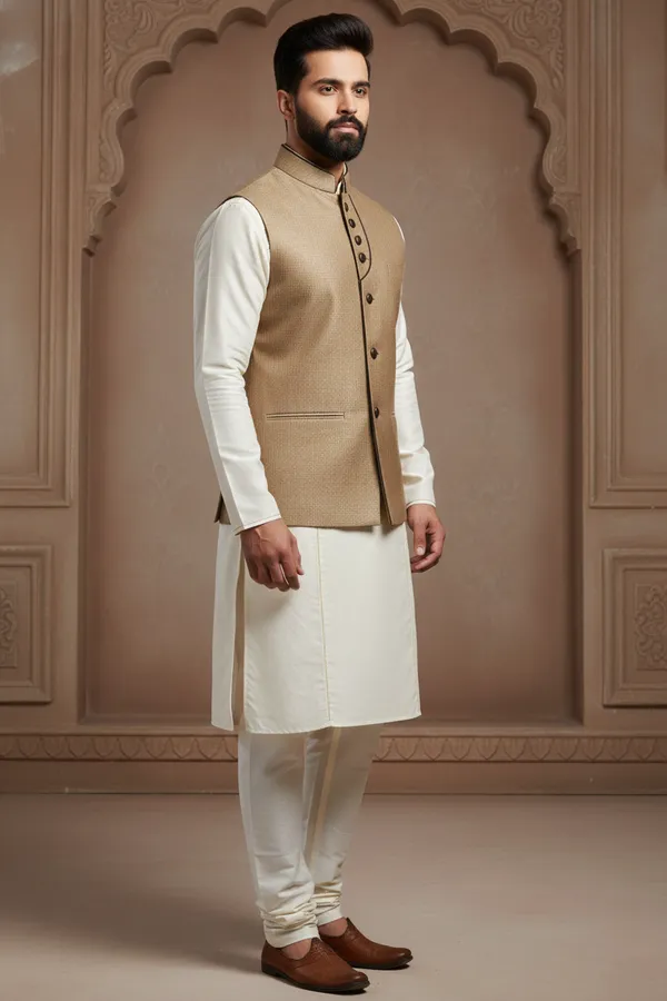 Beige_Gold_Premium_Pattern_Poly_Silk_Nehru_Jacket_Kurta_Pajama_Set_For_Men