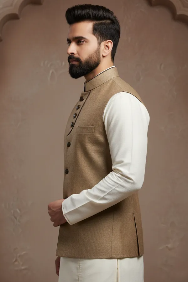 Beige_Gold_Premium_Pattern_Poly_Silk_Nehru_Jacket_Kurta_Pajama_Set_For_Men