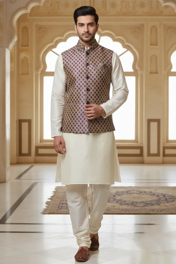 Purple_Premium_Pattern_Poly_Silk_Nehru_Jacket_Kurta_Pajama_Set_For_Men