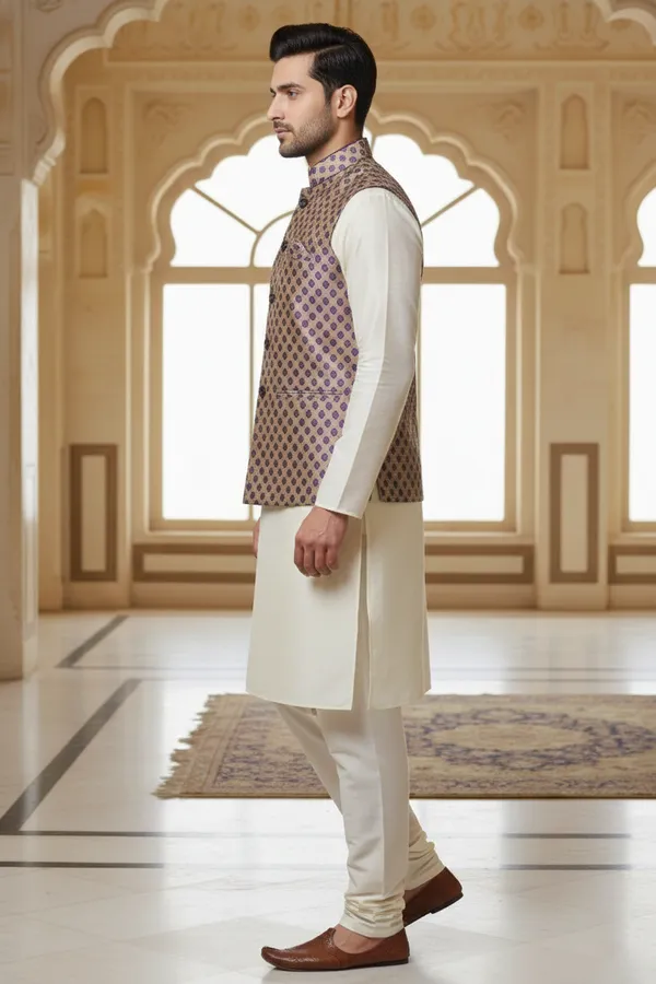 Purple_Premium_Pattern_Poly_Silk_Nehru_Jacket_Kurta_Pajama_Set_For_Men