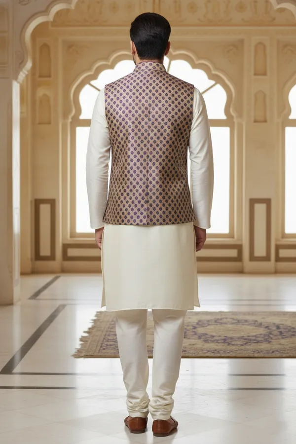 Purple_Premium_Pattern_Poly_Silk_Nehru_Jacket_Kurta_Pajama_Set_For_Men