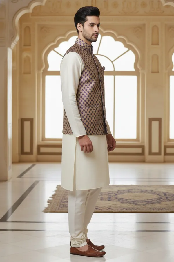 Purple_Premium_Pattern_Poly_Silk_Nehru_Jacket_Kurta_Pajama_Set_For_Men
