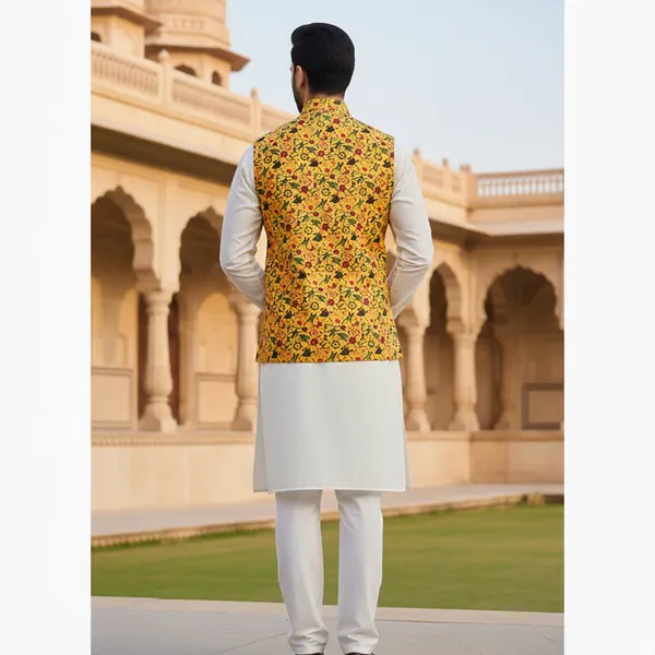 Mustard_Yellow_Premium_Pattern_Poly_Silk_Nehru_Jacket_Kurta_Pajama_Set_For_Men