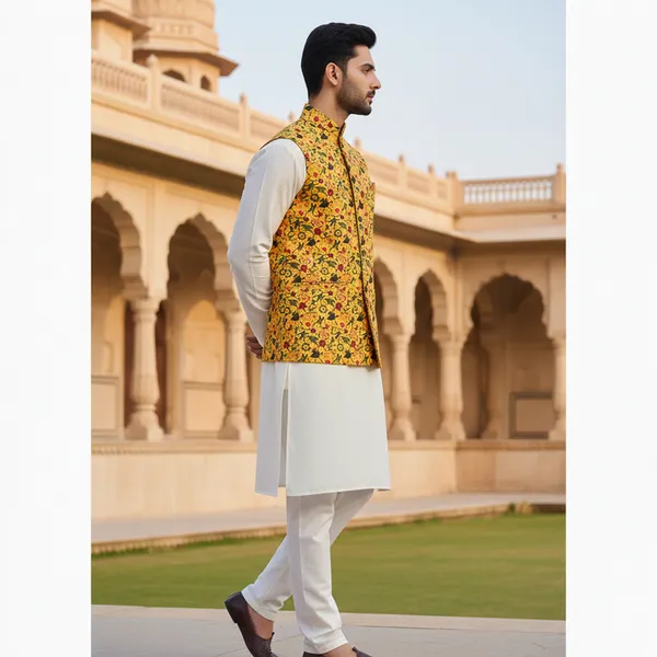 Mustard_Yellow_Premium_Pattern_Poly_Silk_Nehru_Jacket_Kurta_Pajama_Set_For_Men