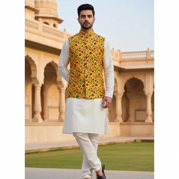 Mustard_Yellow_Premium_Pattern_Poly_Silk_Nehru_Jacket_Kurta_Pajama_Set_For_Men