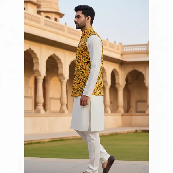 Mustard_Yellow_Premium_Pattern_Poly_Silk_Nehru_Jacket_Kurta_Pajama_Set_For_Men