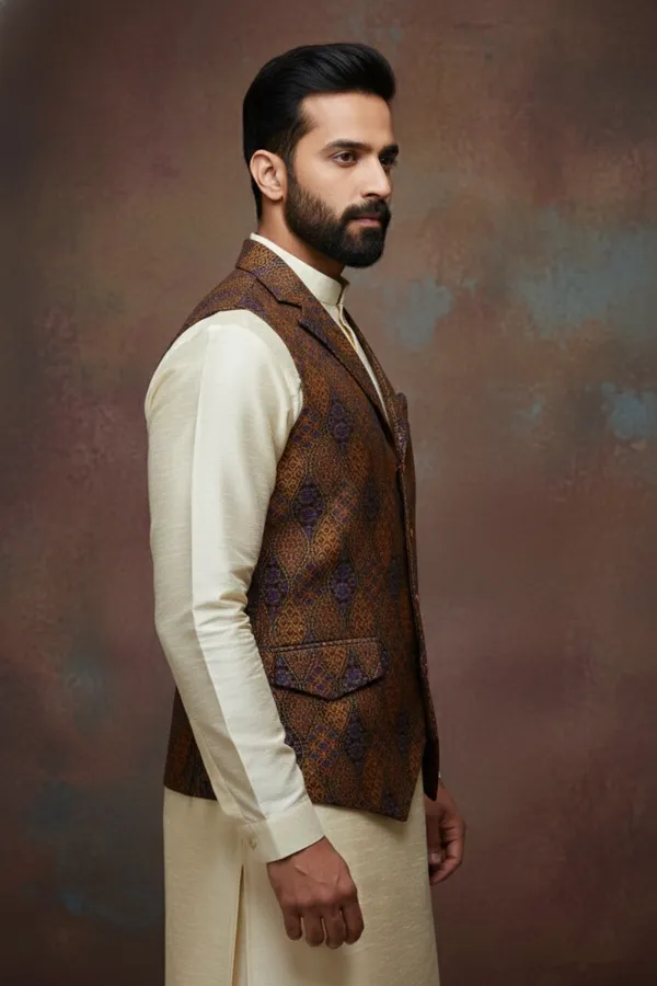 Brown_Premium_Pattern_Poly_Silk_Nehru_Jacket_Kurta_Pajama_Set_For_Men