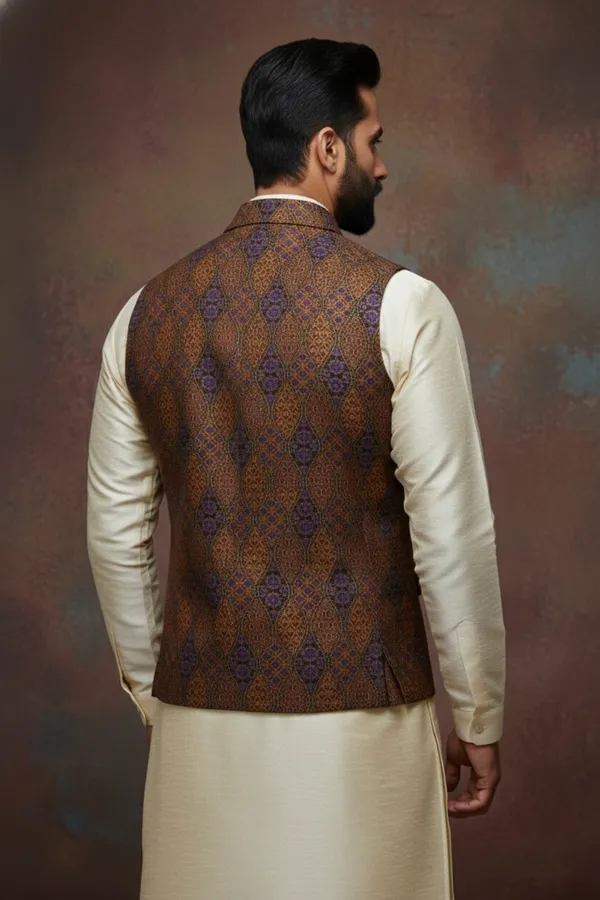 Brown_Premium_Pattern_Poly_Silk_Nehru_Jacket_Kurta_Pajama_Set_For_Men