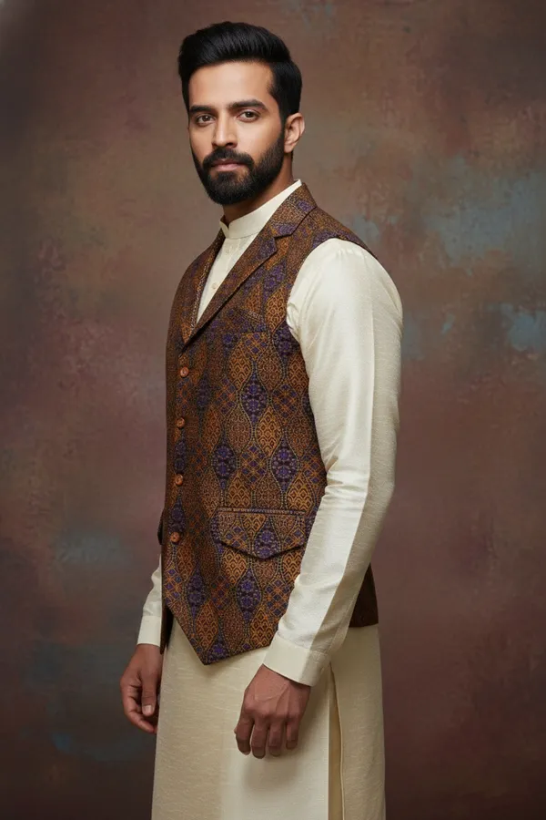 Brown_Premium_Pattern_Poly_Silk_Nehru_Jacket_Kurta_Pajama_Set_For_Men