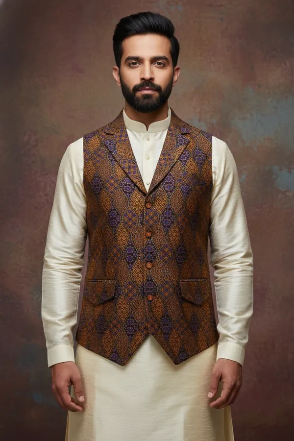 Brown_Premium_Pattern_Poly_Silk_Nehru_Jacket_Kurta_Pajama_Set_For_Men