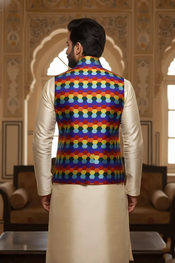 Multicolor_Premium_Pattern_Poly_Silk_Nehru_Jacket_Kurta_Pajama_Set_For_Men