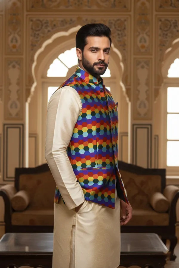 Multicolor_Premium_Pattern_Poly_Silk_Nehru_Jacket_Kurta_Pajama_Set_For_Men