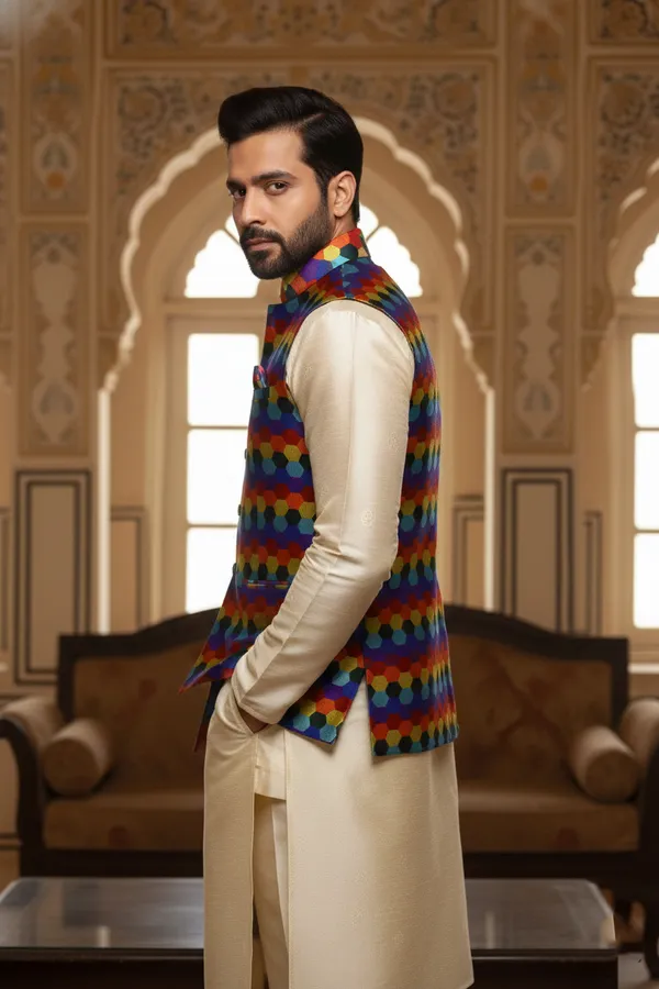 Multicolor_Premium_Pattern_Poly_Silk_Nehru_Jacket_Kurta_Pajama_Set_For_Men