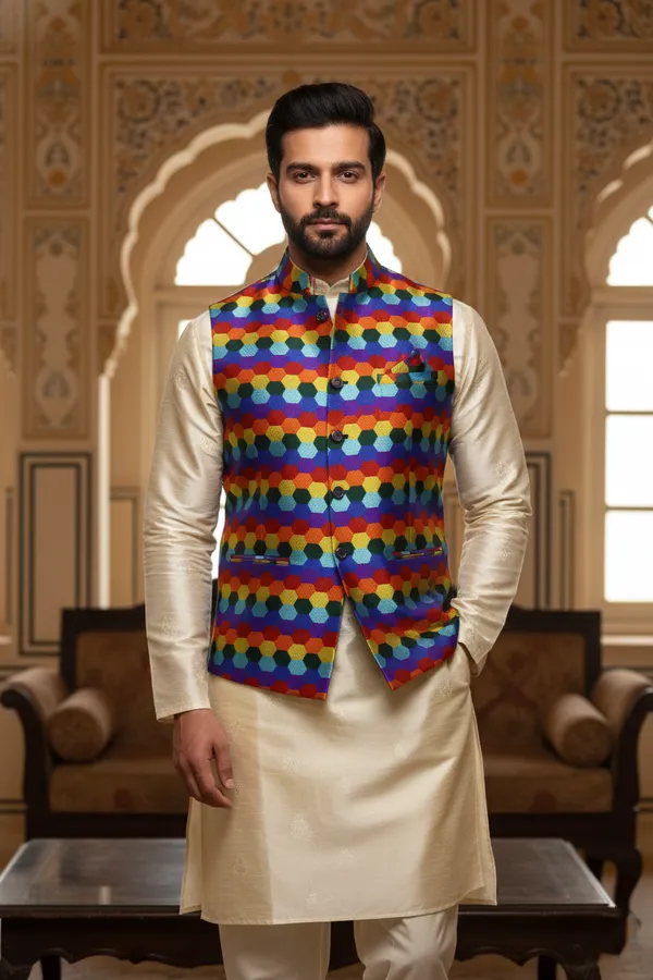Multicolor_Premium_Pattern_Poly_Silk_Nehru_Jacket_Kurta_Pajama_Set_For_Men