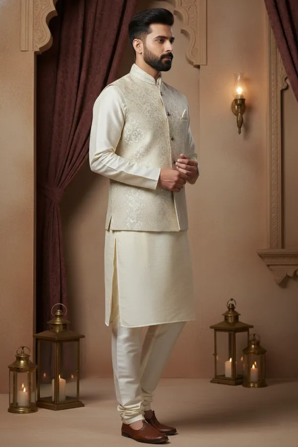 White_Premium_Pattern_Poly_Silk_Nehru_Jacket_Kurta_Pajama_Set_For_Men