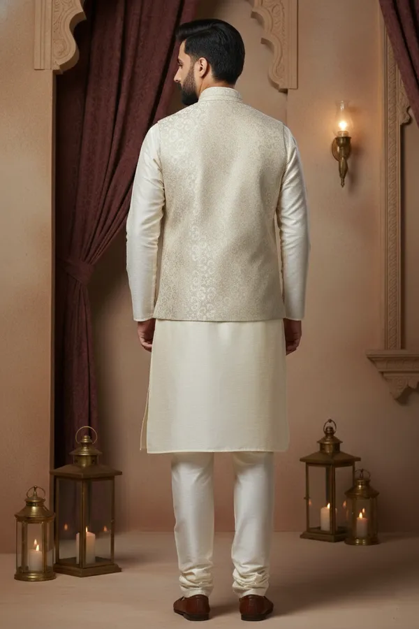White_Premium_Pattern_Poly_Silk_Nehru_Jacket_Kurta_Pajama_Set_For_Men