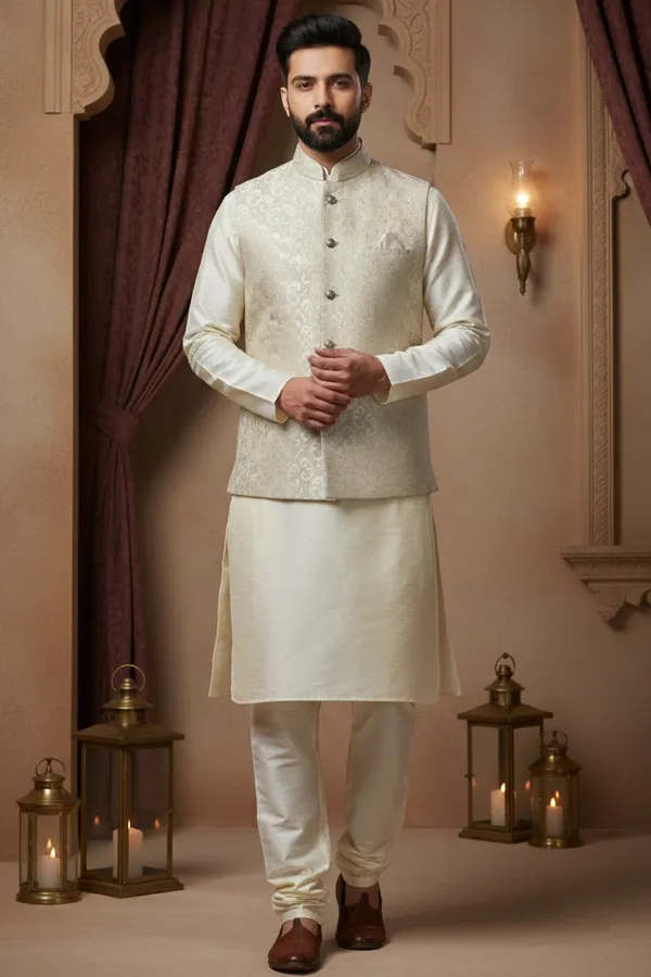 White_Premium_Pattern_Poly_Silk_Nehru_Jacket_Kurta_Pajama_Set_For_Men