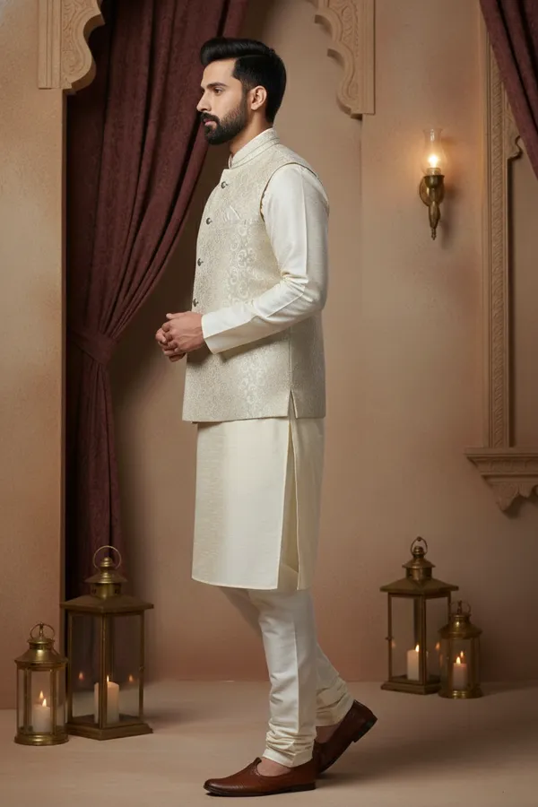 White_Premium_Pattern_Poly_Silk_Nehru_Jacket_Kurta_Pajama_Set_For_Men